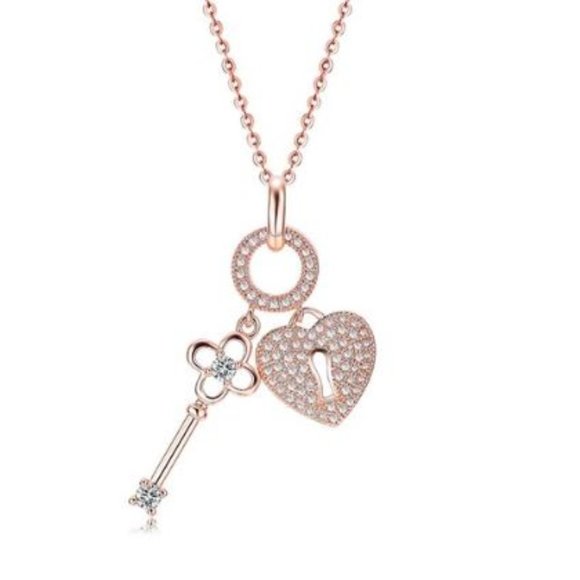 Rose Gold Lock and Key Pave Necklace - Picture 1 of 2